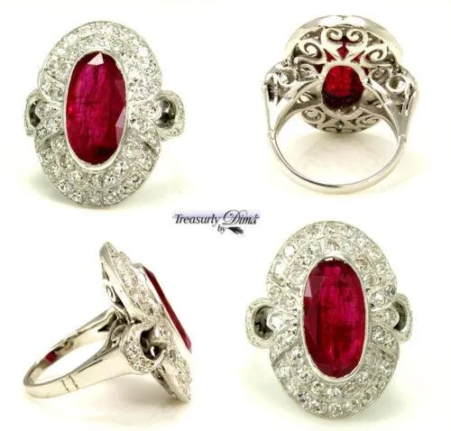 GIA 4.70CT ANTIQUE VINTAGE RED RUBY DIAMOND ENGAGEMENT WEDDING CLUSTER RING 18KW