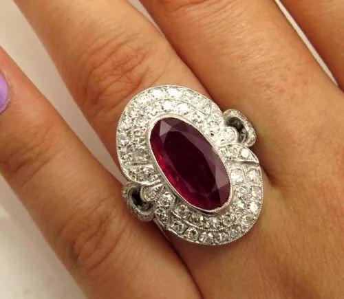 GIA 4.70CT ANTIQUE VINTAGE RED RUBY DIAMOND ENGAGEMENT WEDDING CLUSTER RING 18KW