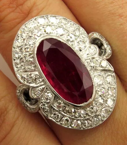 GIA 4.70CT ANTIQUE VINTAGE RED RUBY DIAMOND ENGAGEMENT WEDDING CLUSTER RING 18KW