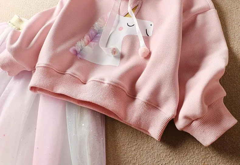 Girls Cartoon Unicorn Print Hoodie Rainbow Mesh Bust Skirt Set