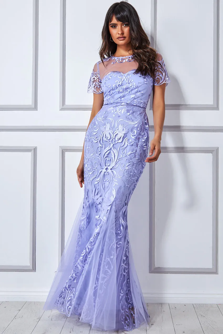 Goddiva Embroidered Mesh & Lace Maxi With Scalloped Hem