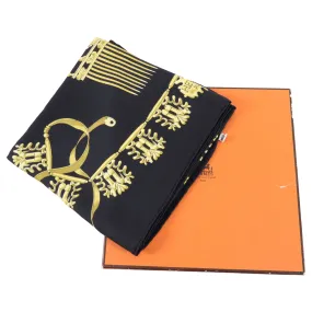 Hermes Vintage 1975 Cavaliers D'Or Black and Gold 90cm Silk Scarf