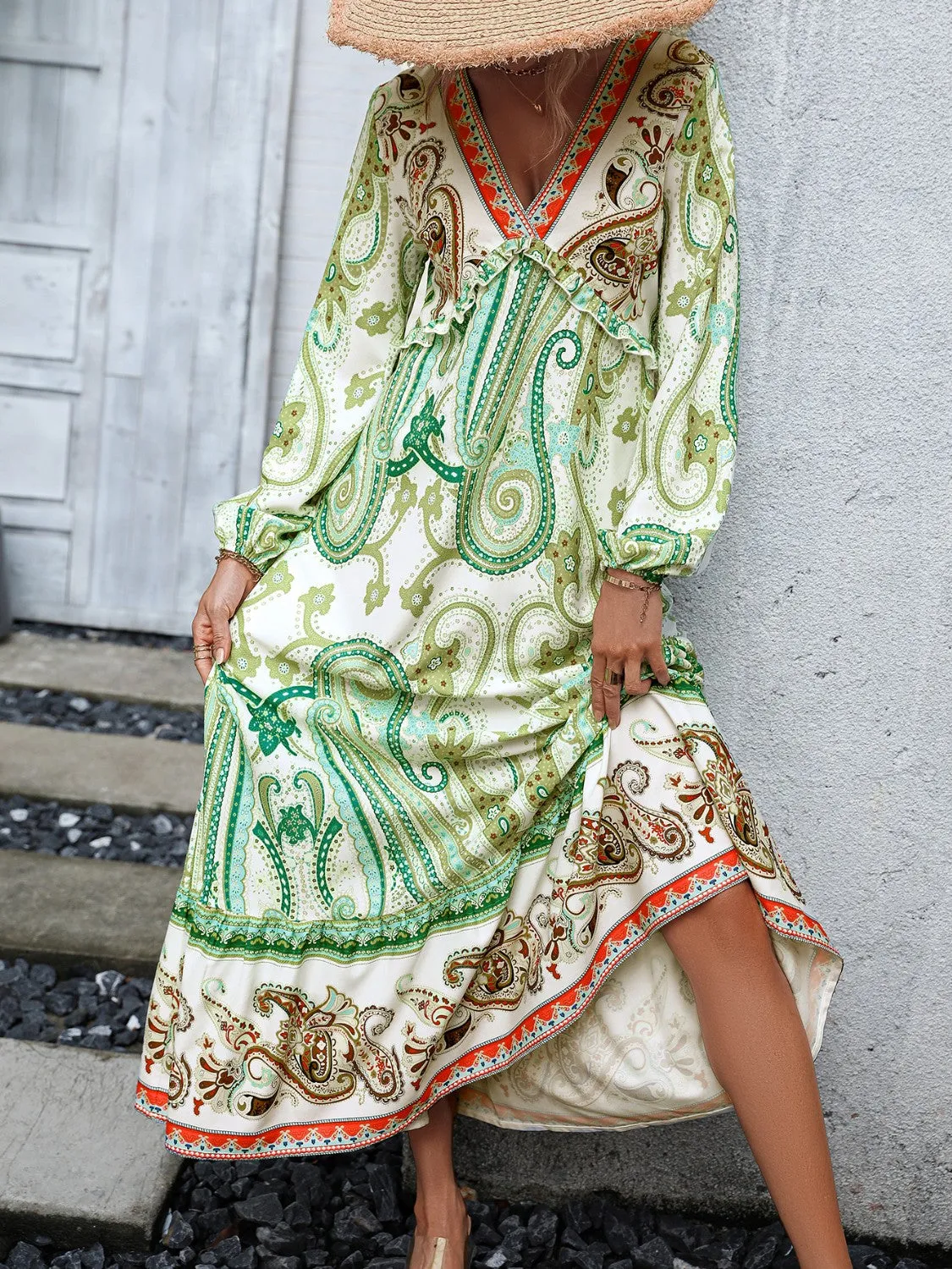 Hippie Boho Maxi Dresses V-Neck Long Sleeve Frill Trim Dress