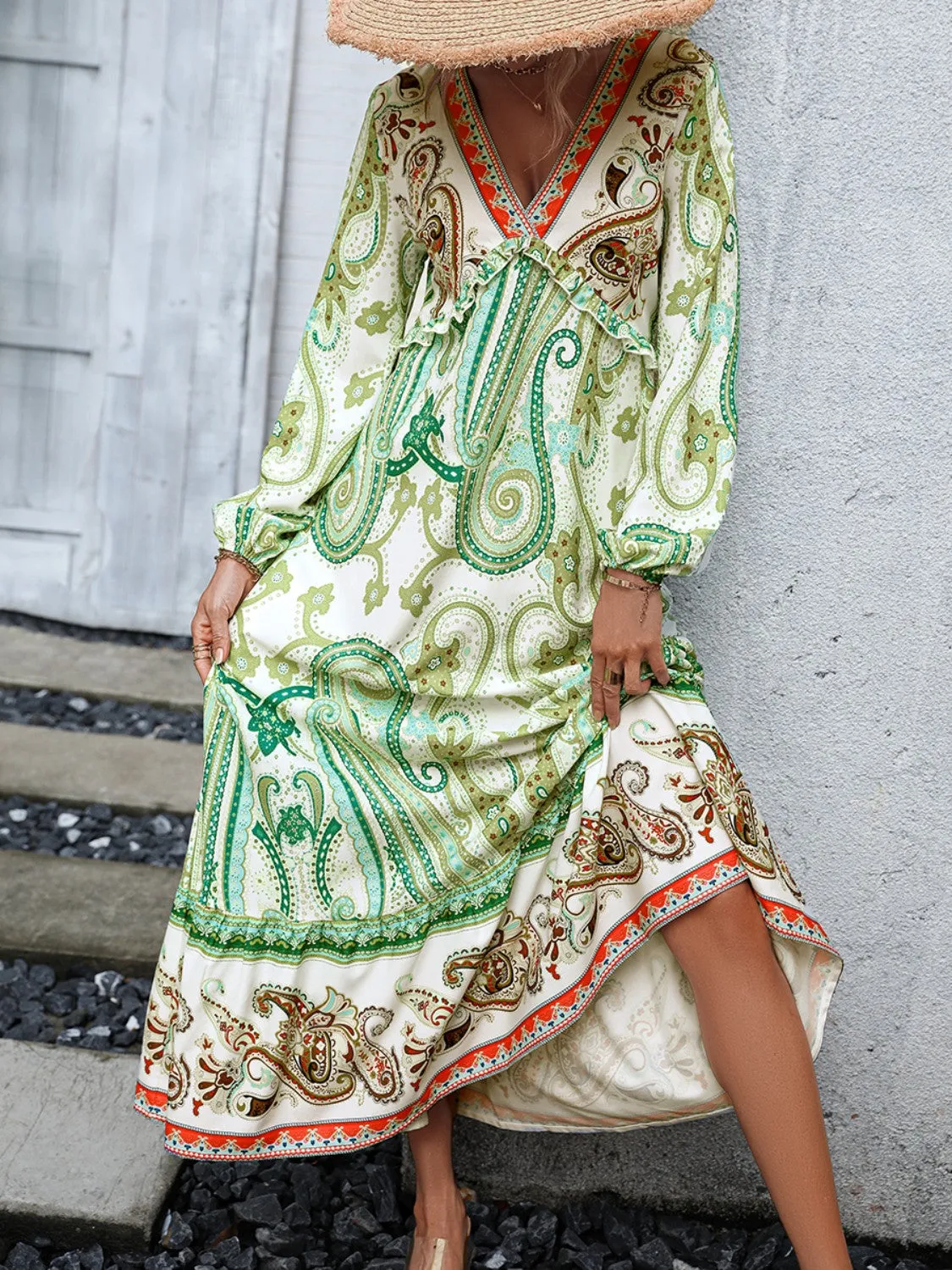 Hippie Boho Maxi Dresses V-Neck Long Sleeve Frill Trim Dress