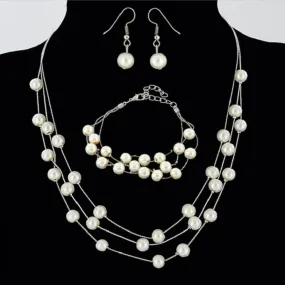 Imitation Pearl Golden Double Layer Earrings Necklace Bracelet Sets -2