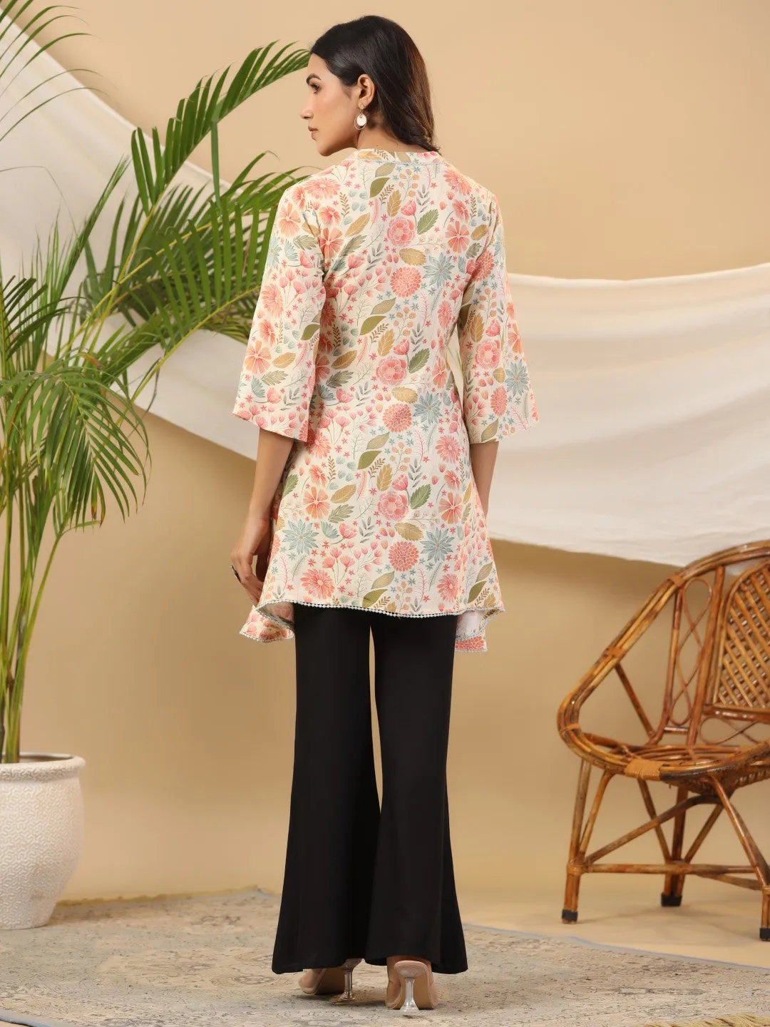 Juniper Ivory Floral Printed Rayon High-Low Tunic With Lace Work