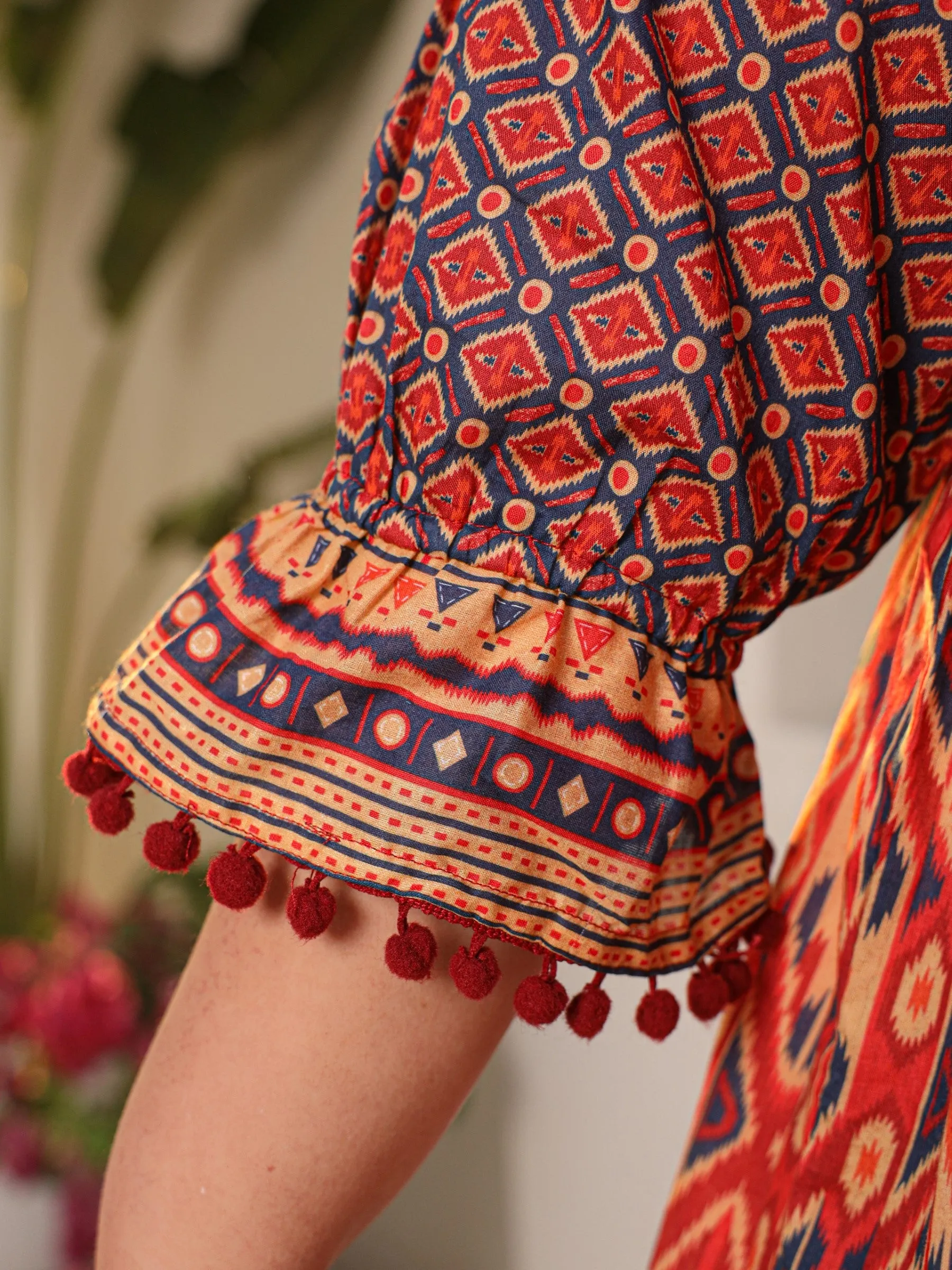 Juniper Orange Ikat Printed Peplum Cotton Plus Size Tunic With Mirror Work & Lace