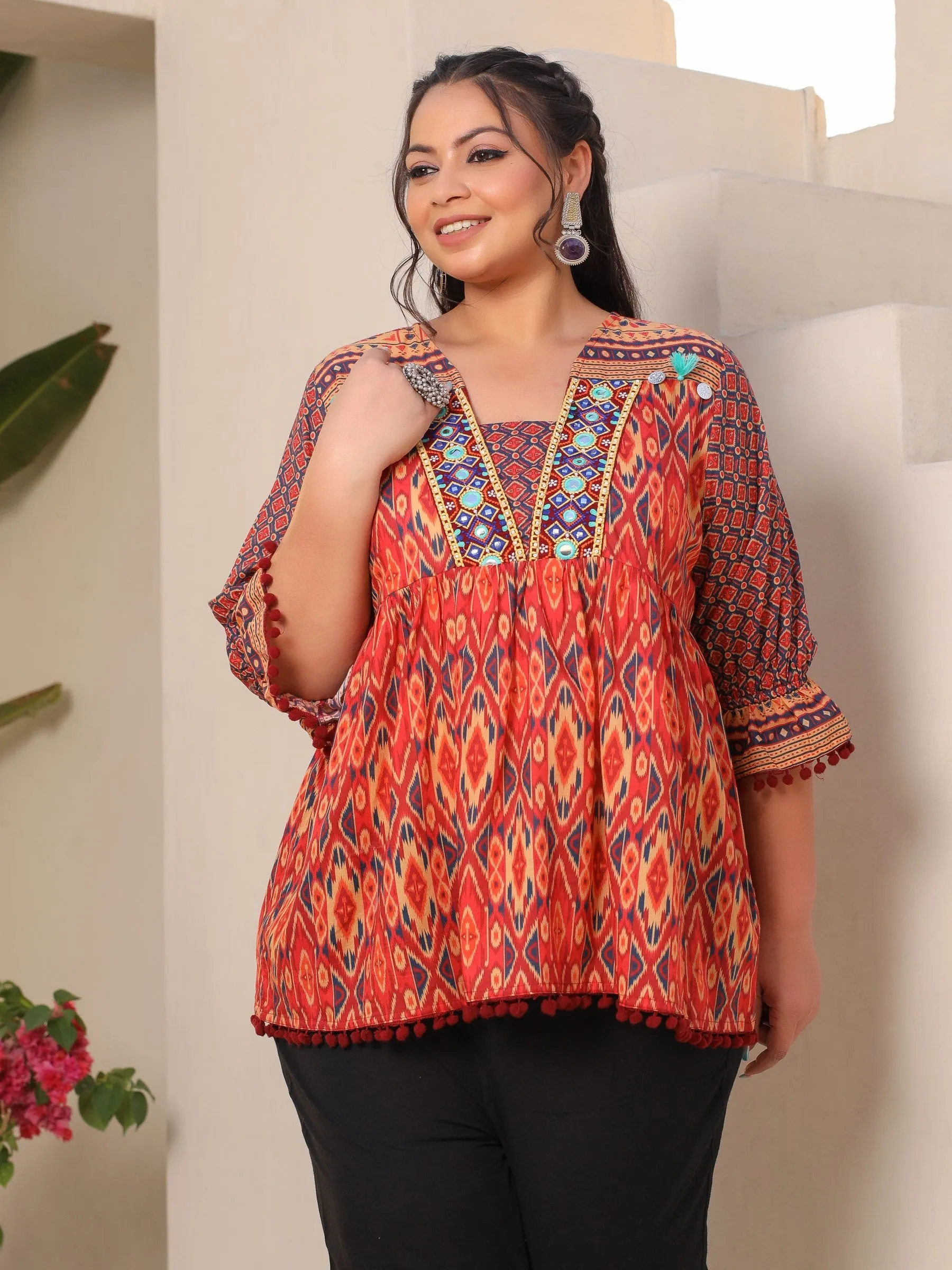 Juniper Orange Ikat Printed Peplum Cotton Plus Size Tunic With Mirror Work & Lace