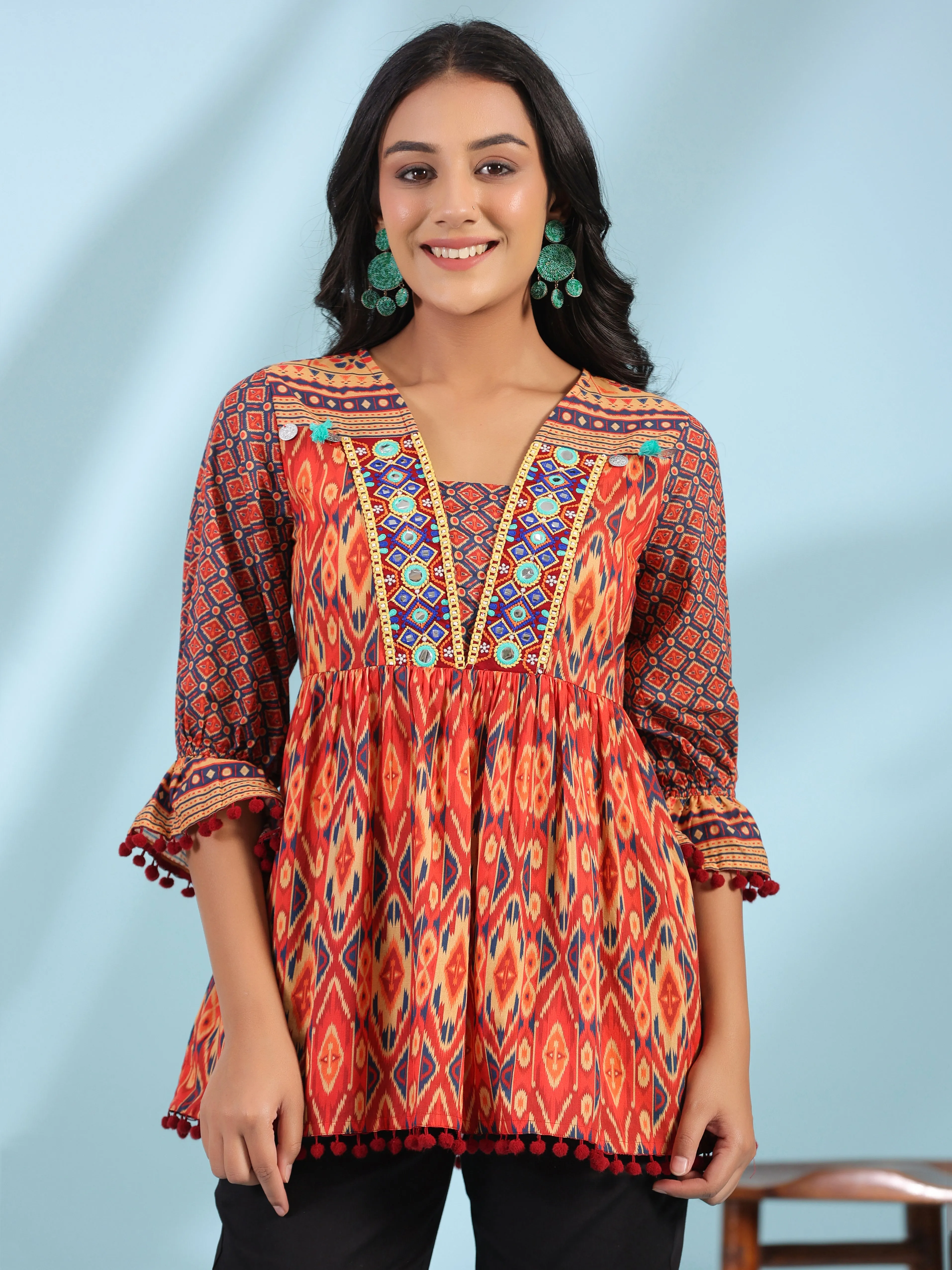 Juniper Orange Ikat Printed Peplum Cotton Tunic With Mirror Work & Lace