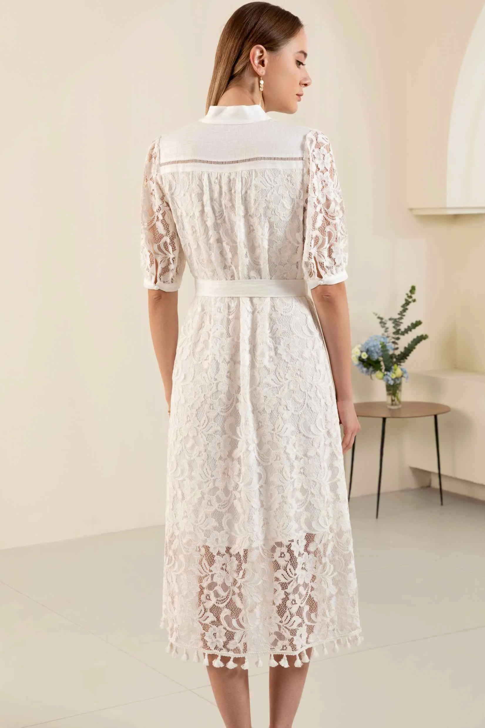 Kendall Lace Midi Dress - White/Beige