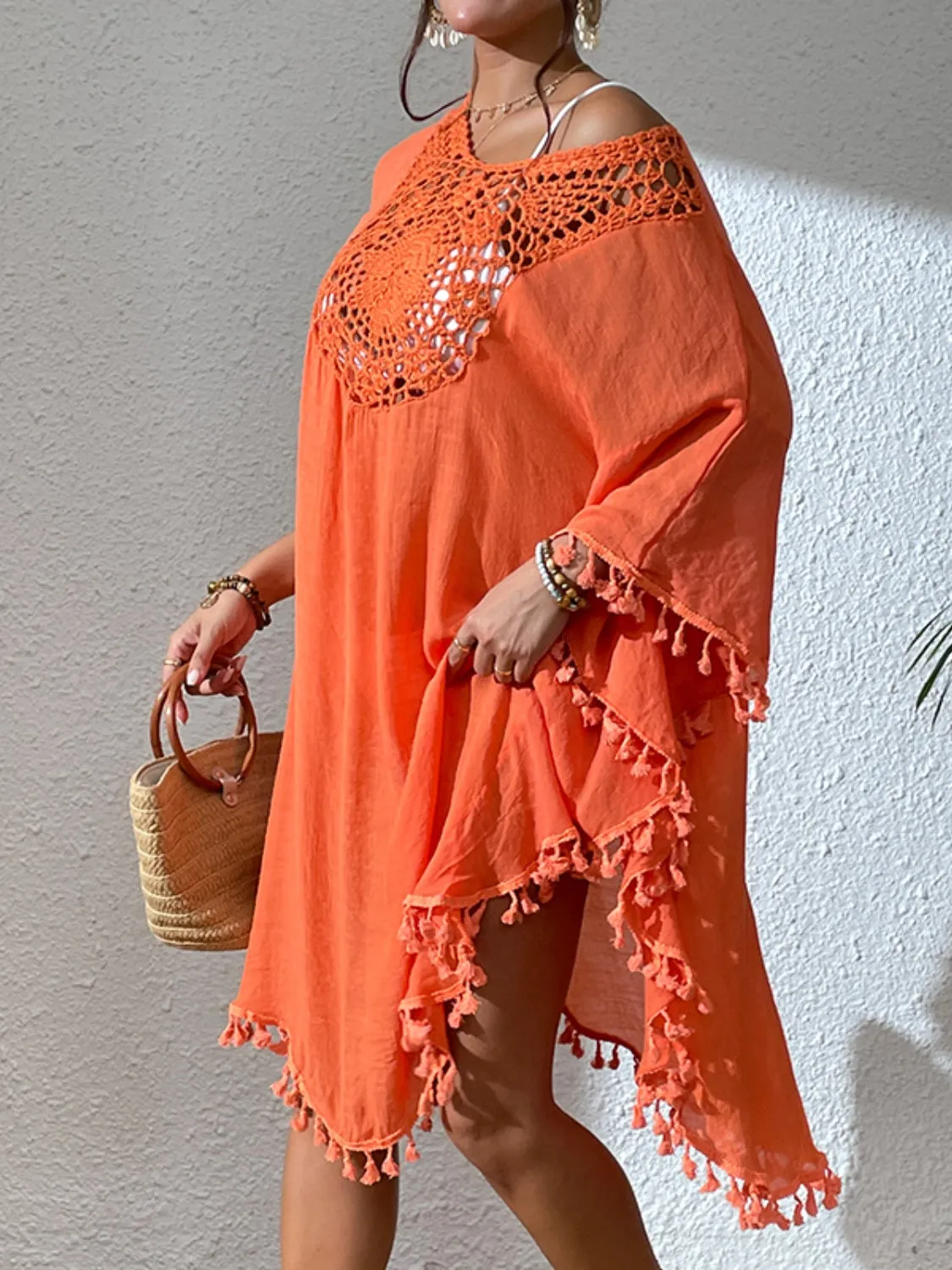 Kleid zum Überziehen im Sunset Vacation-Stil mit Quastenausschnitt und U-Ausschnitt