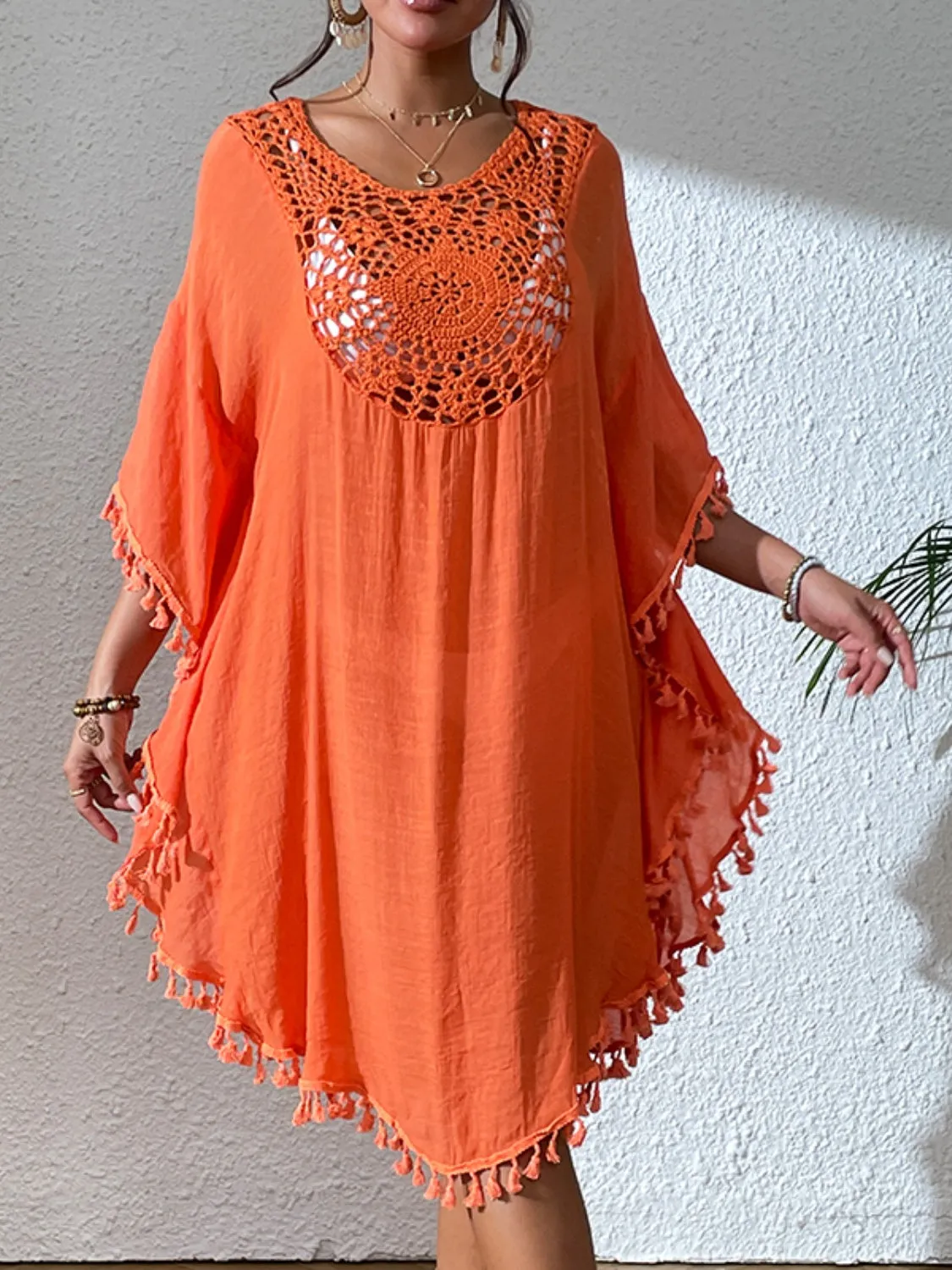 Kleid zum Überziehen im Sunset Vacation-Stil mit Quastenausschnitt und U-Ausschnitt