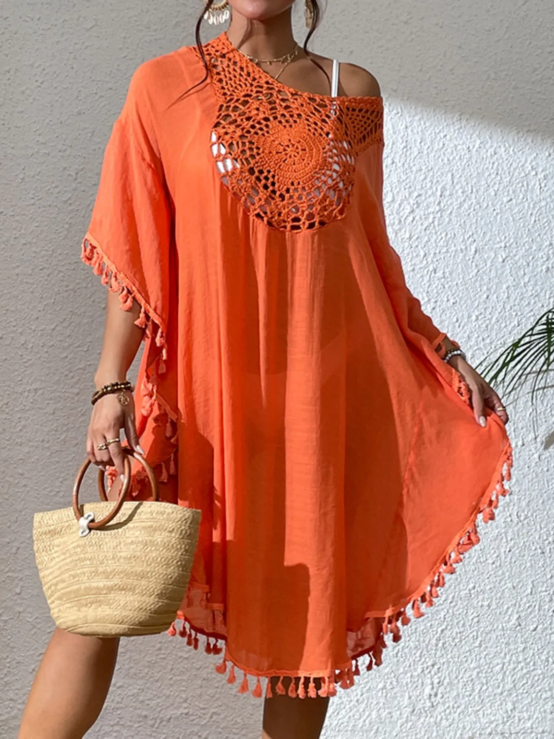 Kleid zum Überziehen im Sunset Vacation-Stil mit Quastenausschnitt und U-Ausschnitt