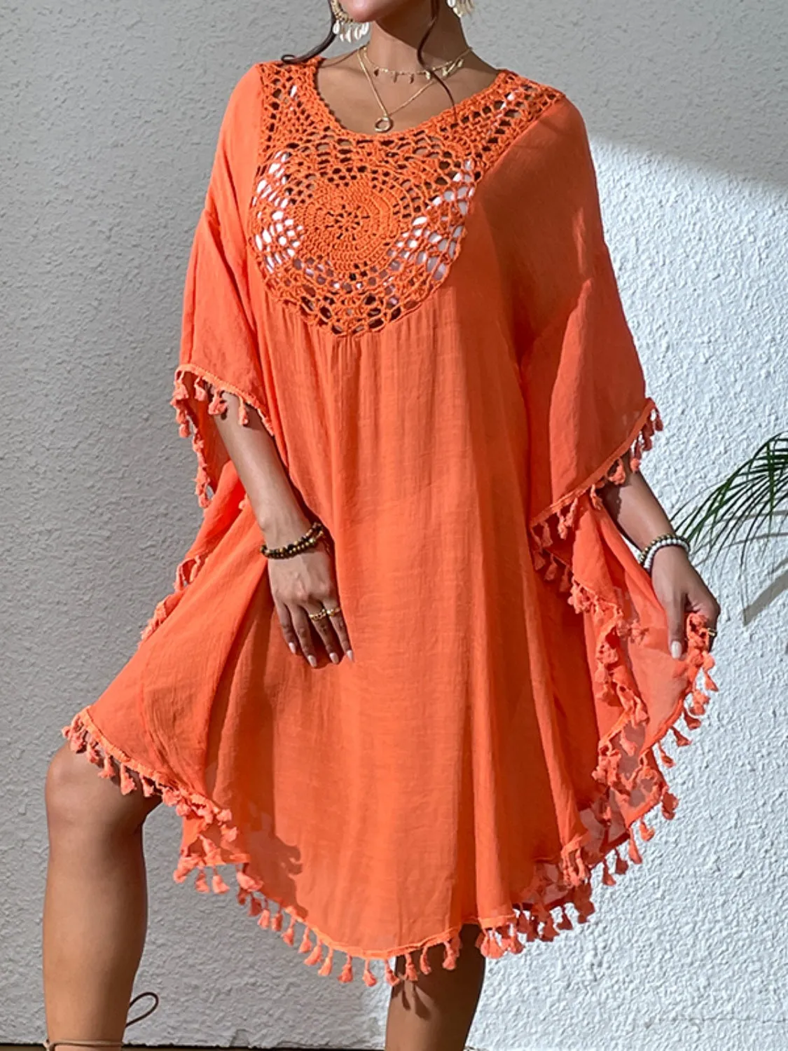 Kleid zum Überziehen im Sunset Vacation-Stil mit Quastenausschnitt und U-Ausschnitt