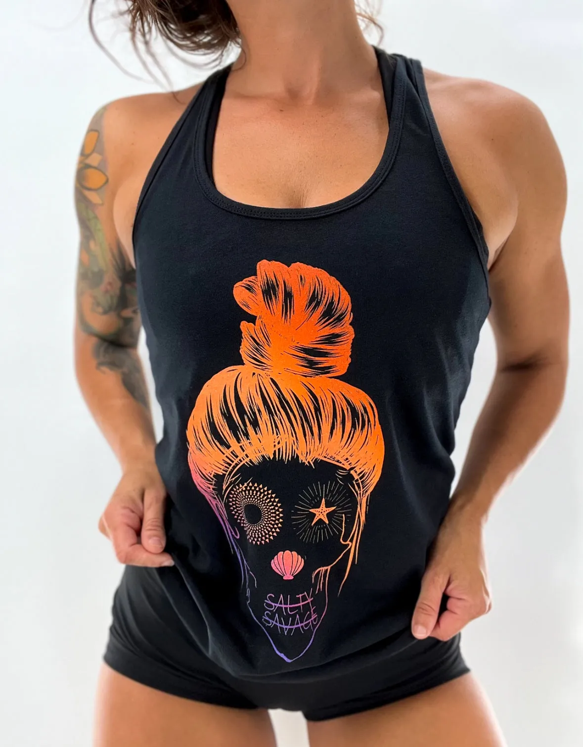 Ladies "Messy Bun Skull" Racerback Tank | Orange Purple Ombre