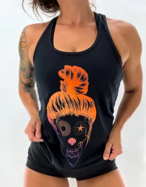 Ladies "Messy Bun Skull" Racerback Tank | Orange Purple Ombre