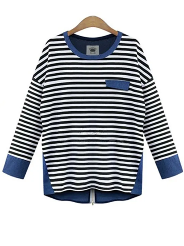 Long-sleeved Denim stitching Striped T-shirt