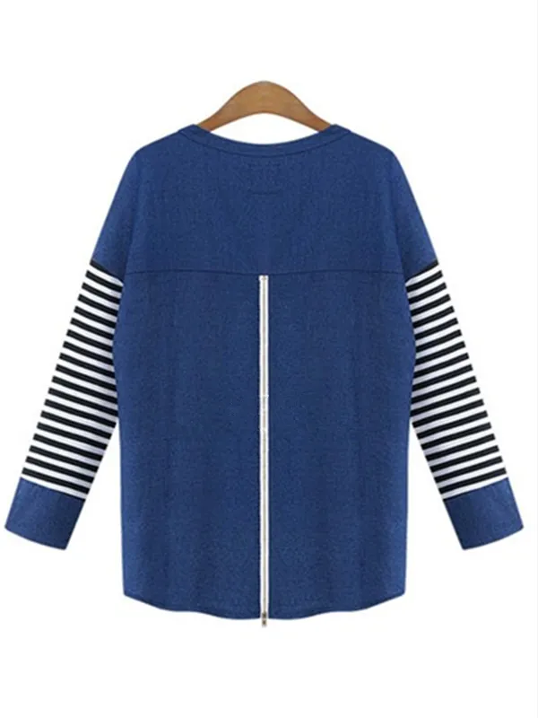 Long-sleeved Denim stitching Striped T-shirt