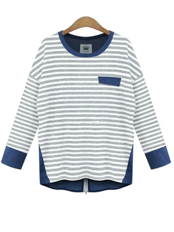 Long-sleeved Denim stitching Striped T-shirt