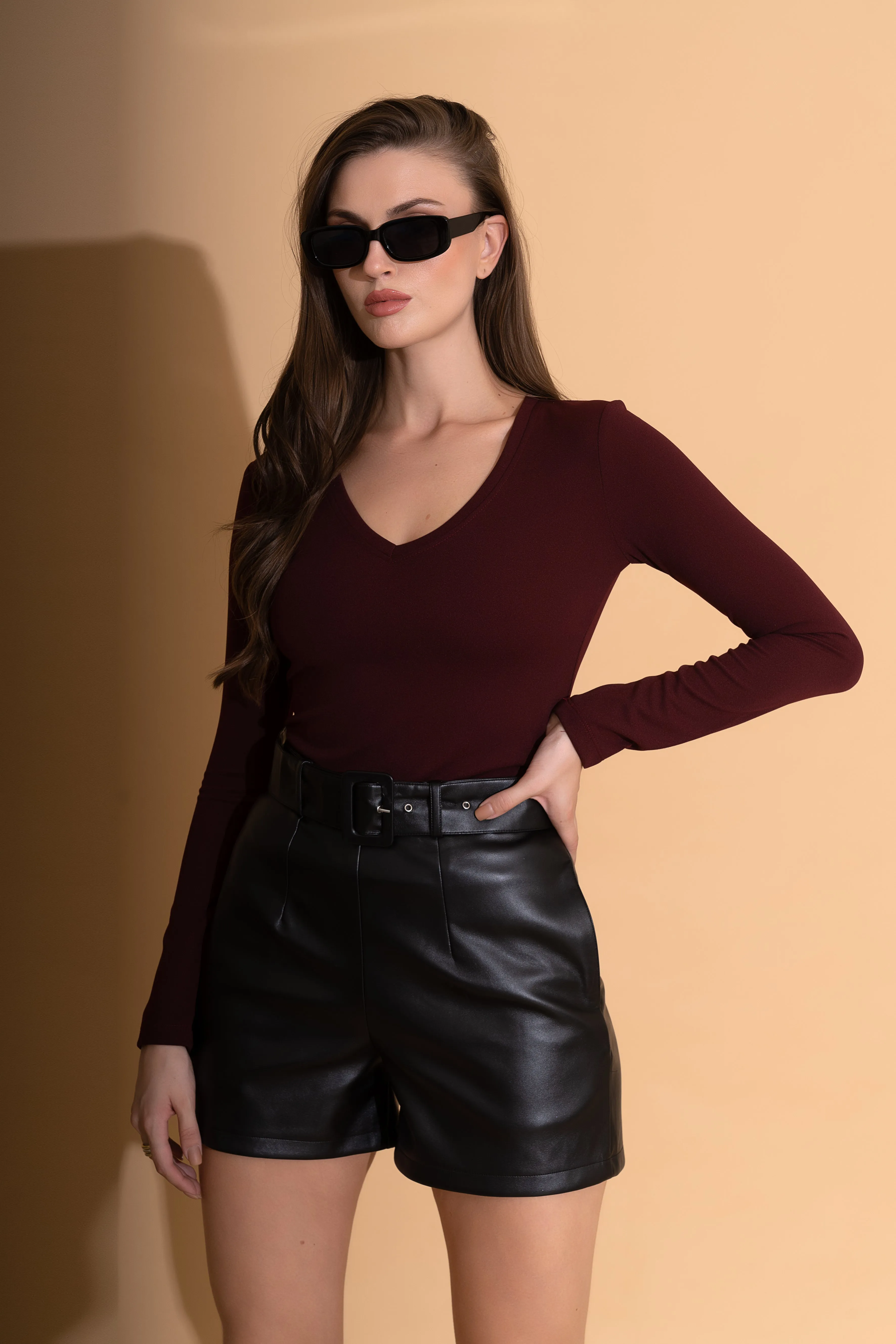 Maroon Lycra V Neck Top