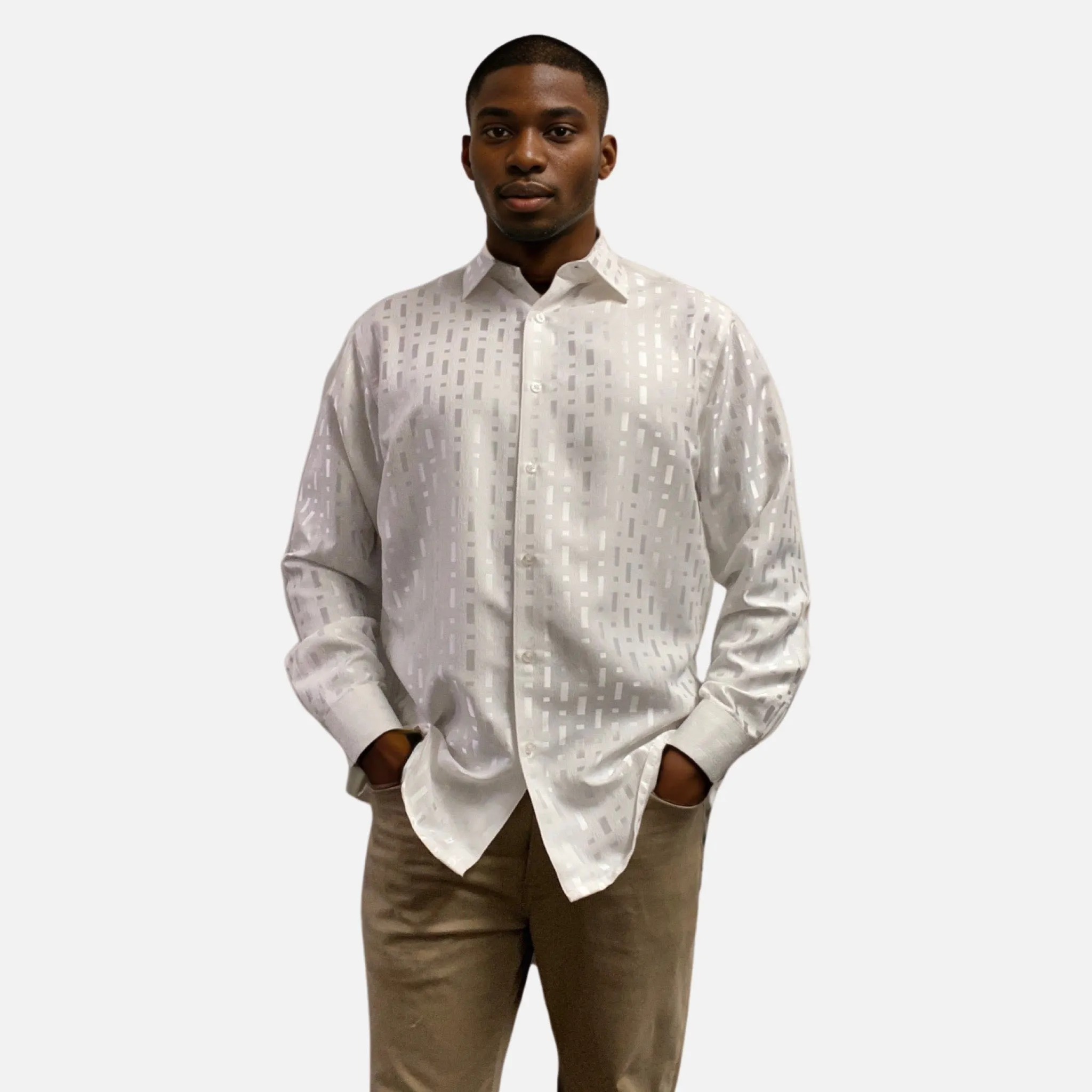 Men's White Tone-on-Tone Long Sleeve Shirt - Relaxed Style