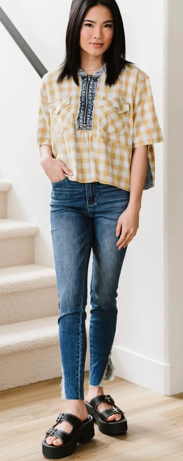 Mustard, white denim plaid top