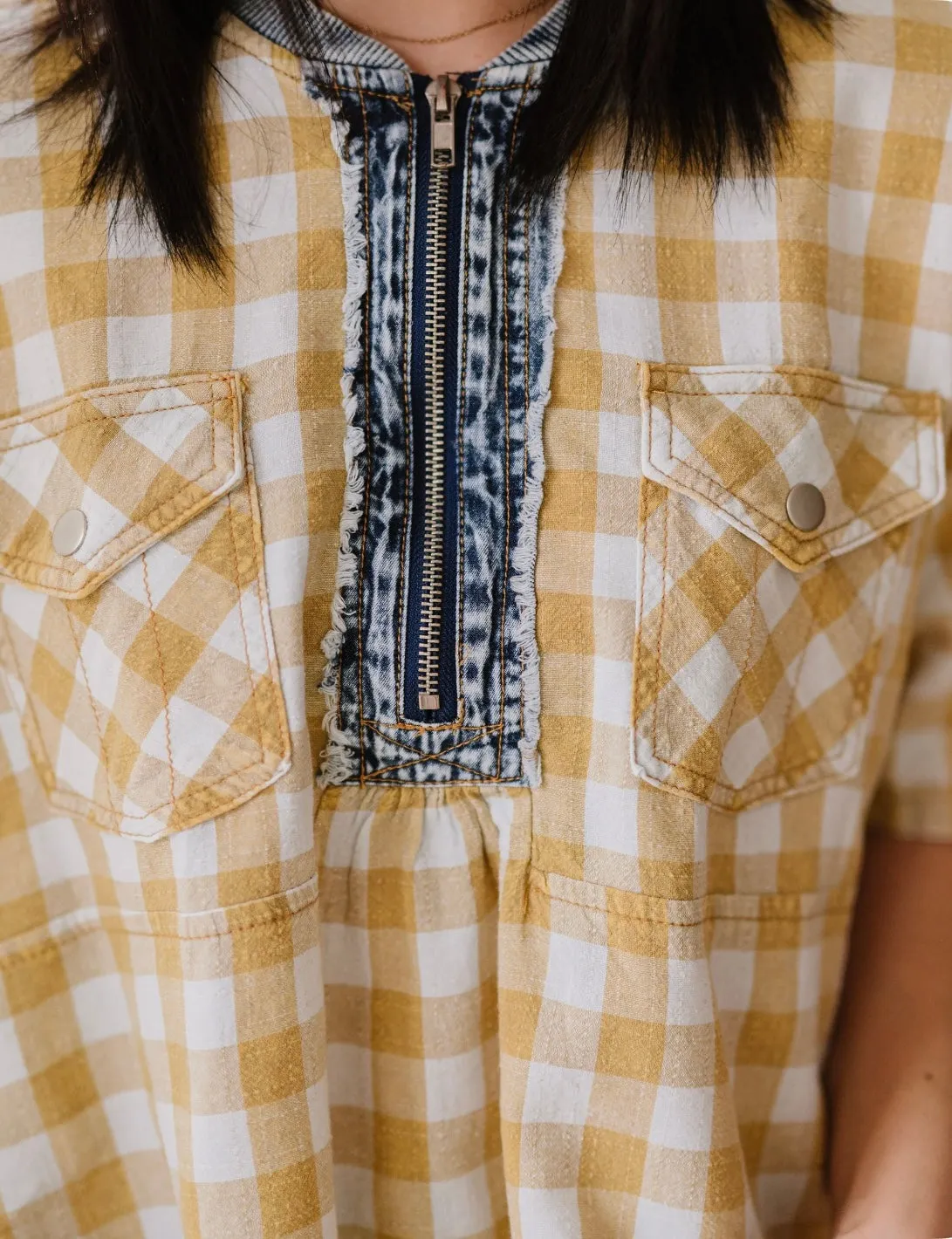 Mustard, white denim plaid top