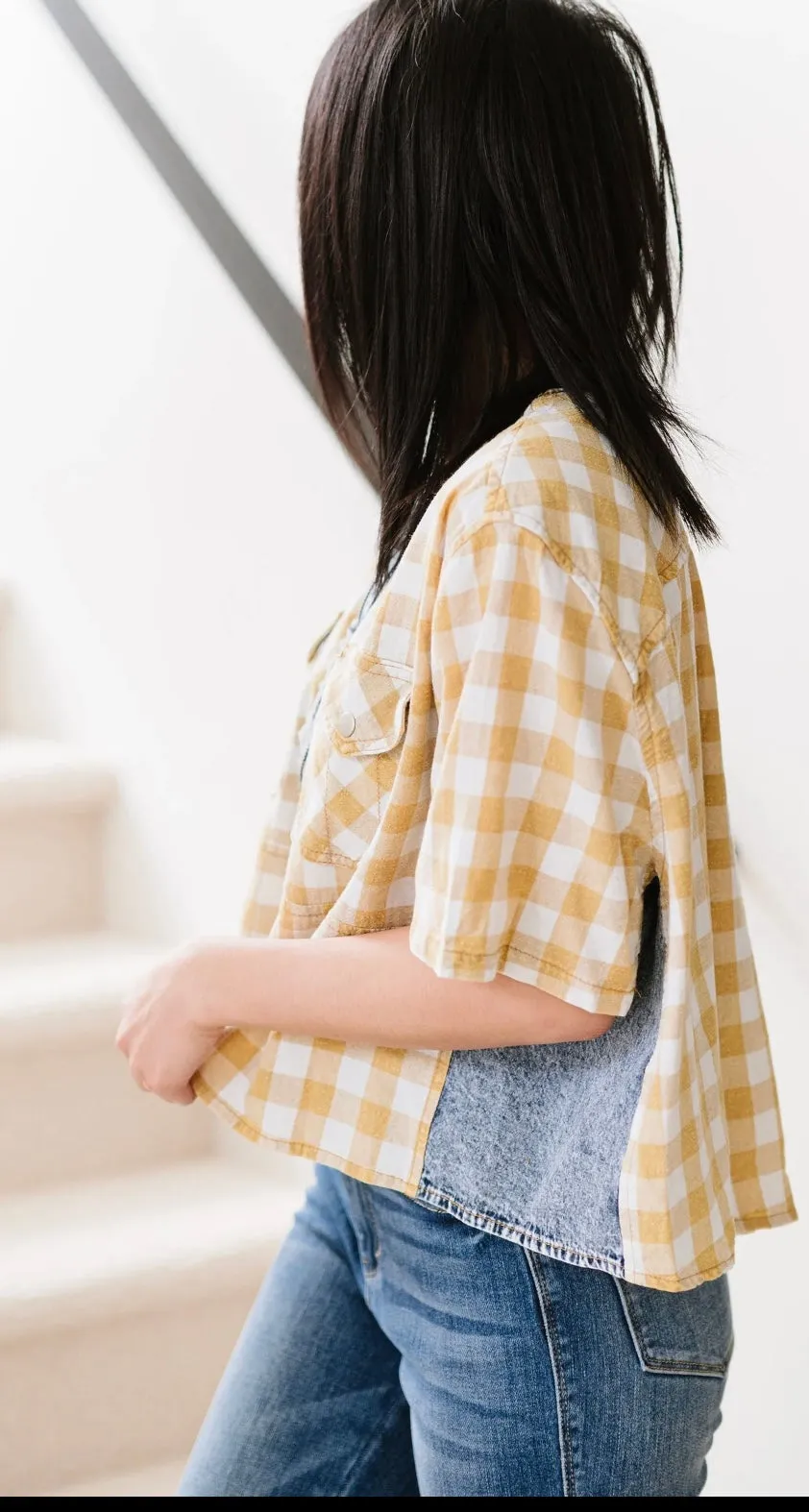 Mustard, white denim plaid top