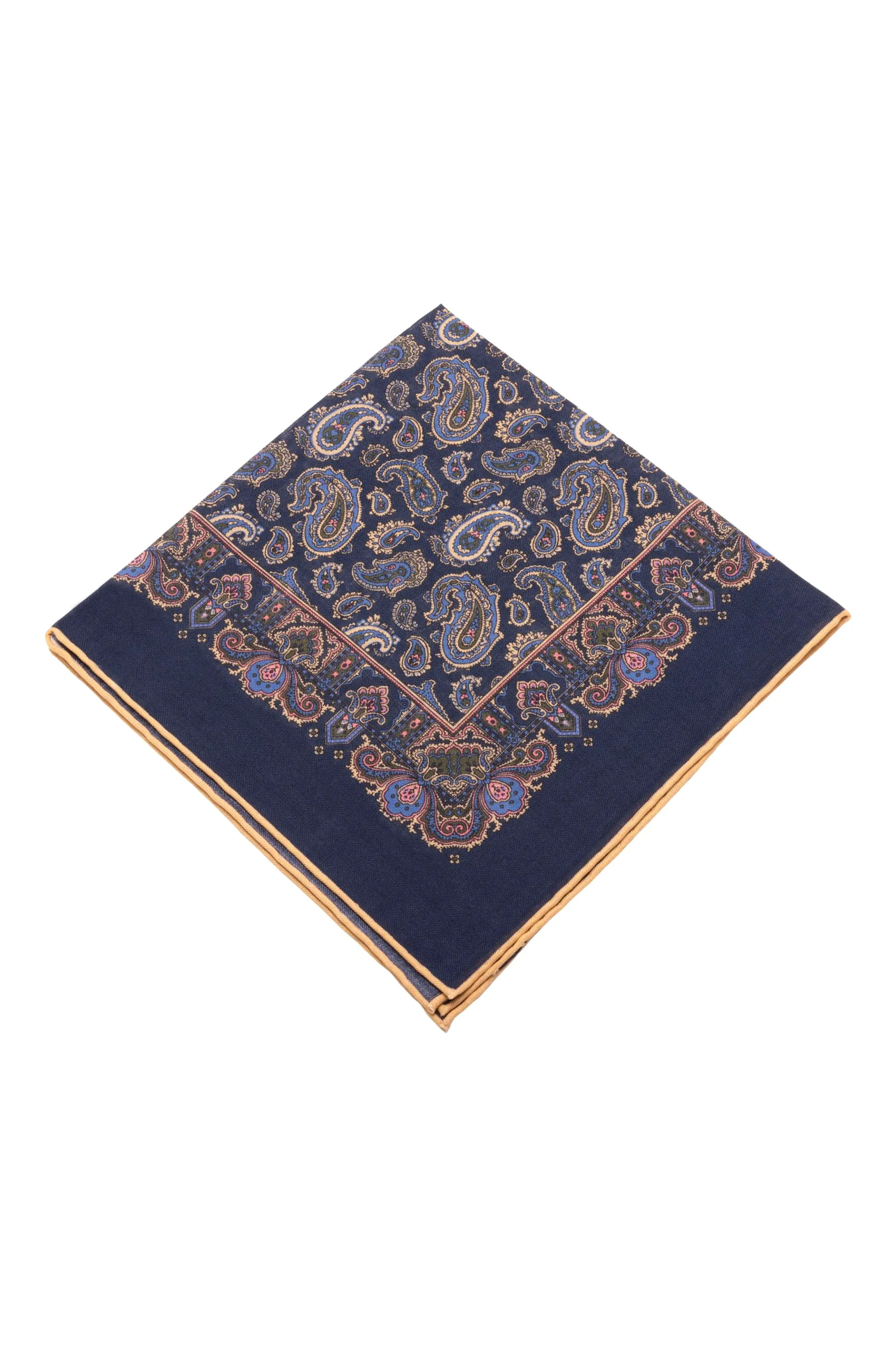 Navy Blue Paisley Silk Wool Pocket Square