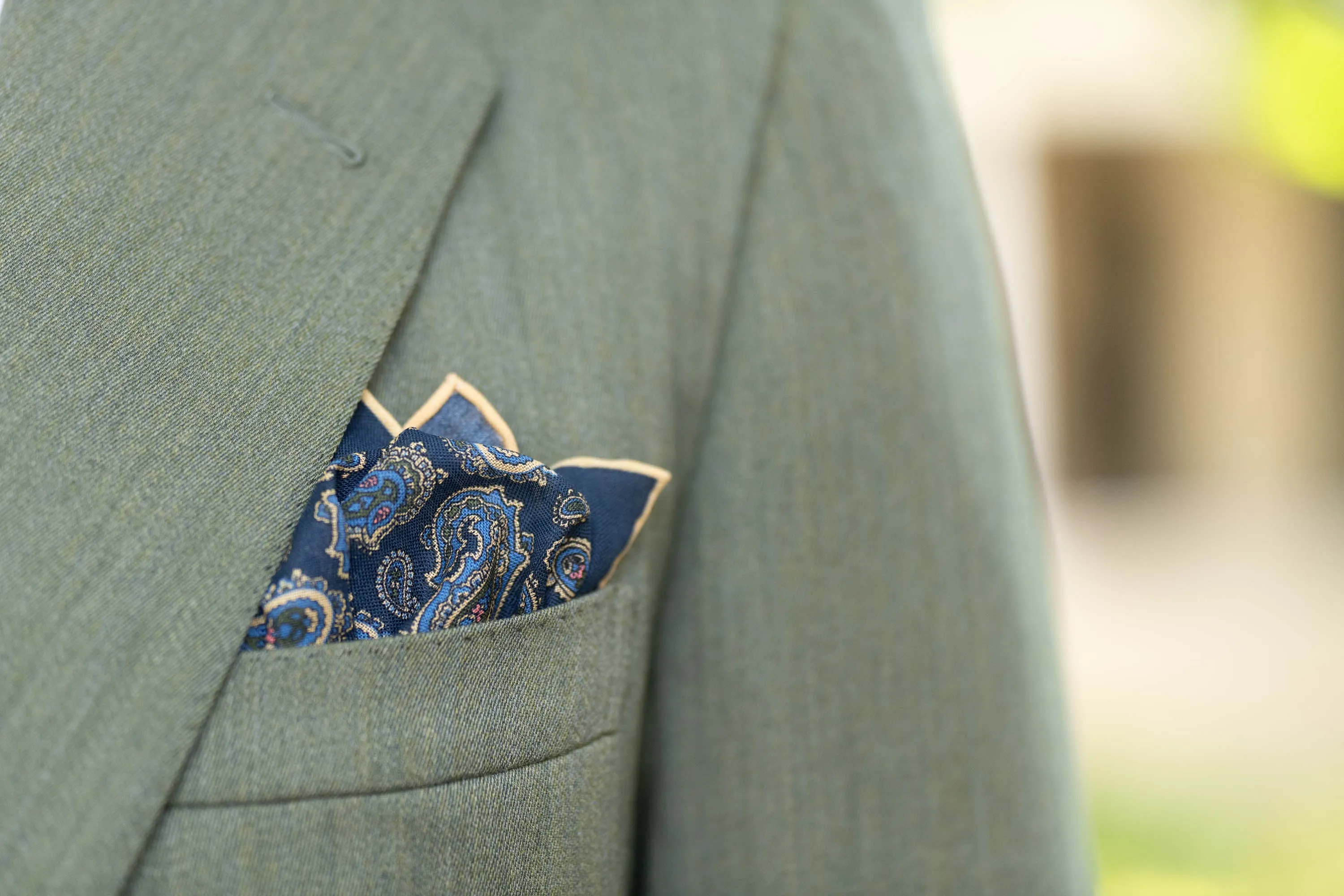 Navy Blue Paisley Silk Wool Pocket Square