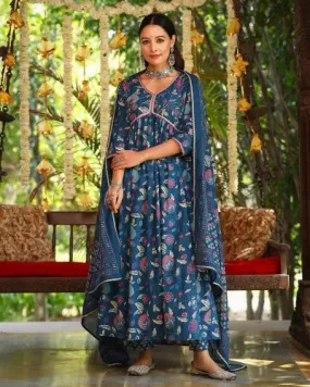 Peacock Blue Printed Cotton Alia Cut Anarkali Suit Set