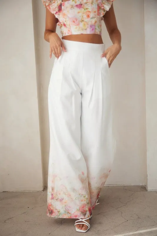 Pleated Pants With Floral Print Hem