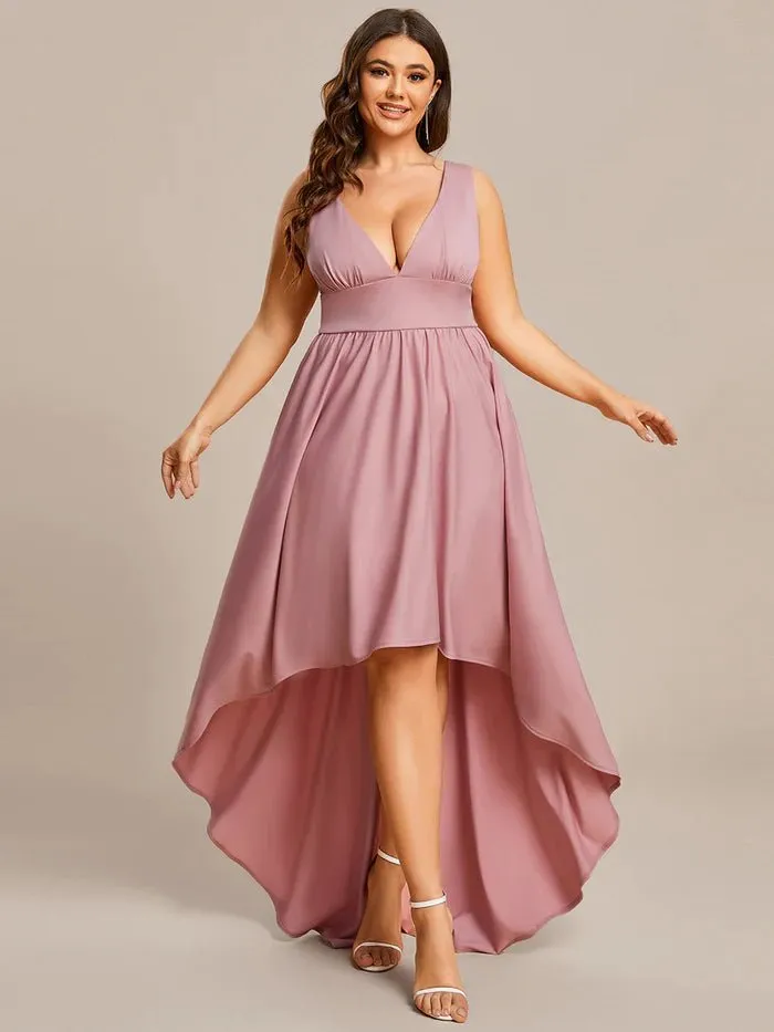 Plus High Low Deep V Neck Sleeveless Plus Size Evening Dress