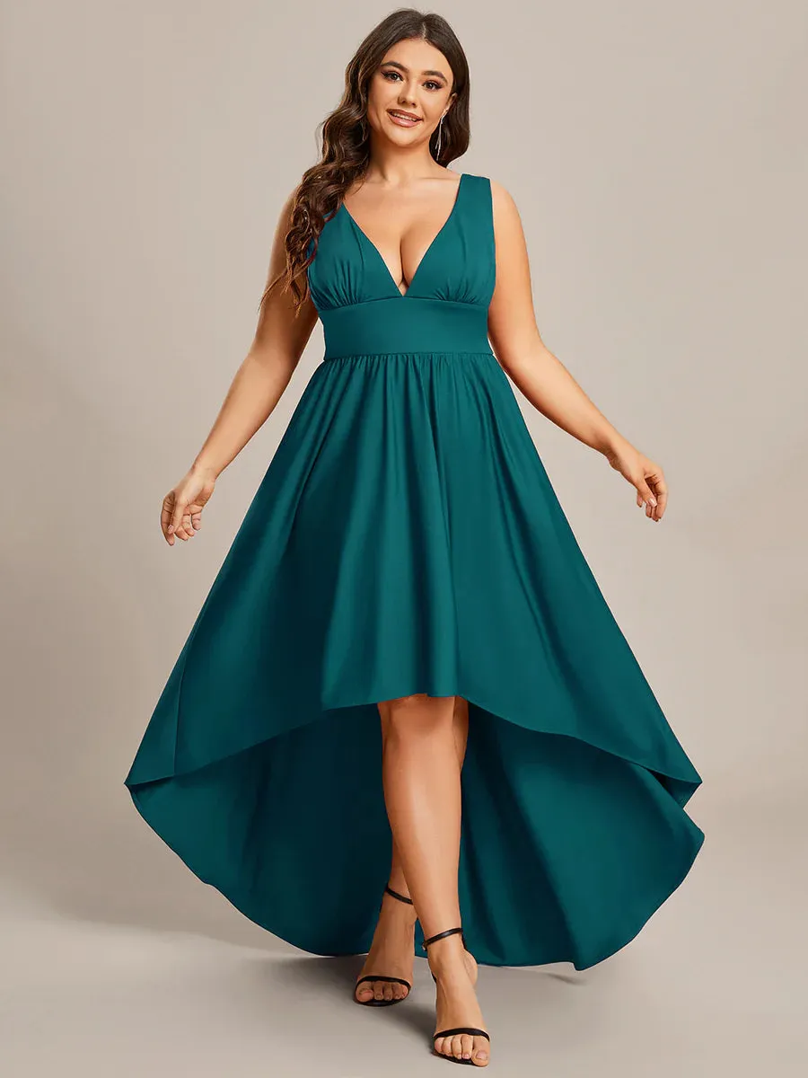 Plus High Low Deep V Neck Sleeveless Plus Size Evening Dress