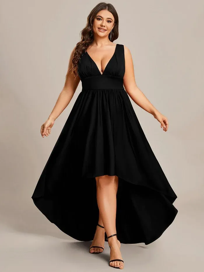 Plus High Low Deep V Neck Sleeveless Plus Size Evening Dress