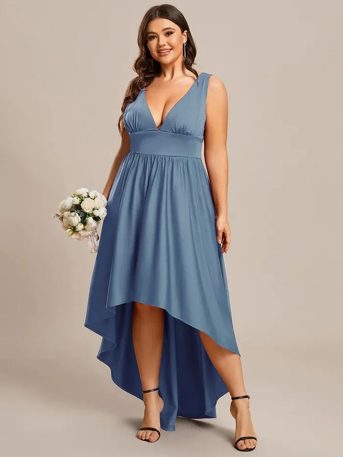 Plus High Low Deep V Neck Sleeveless Plus Size Evening Dress