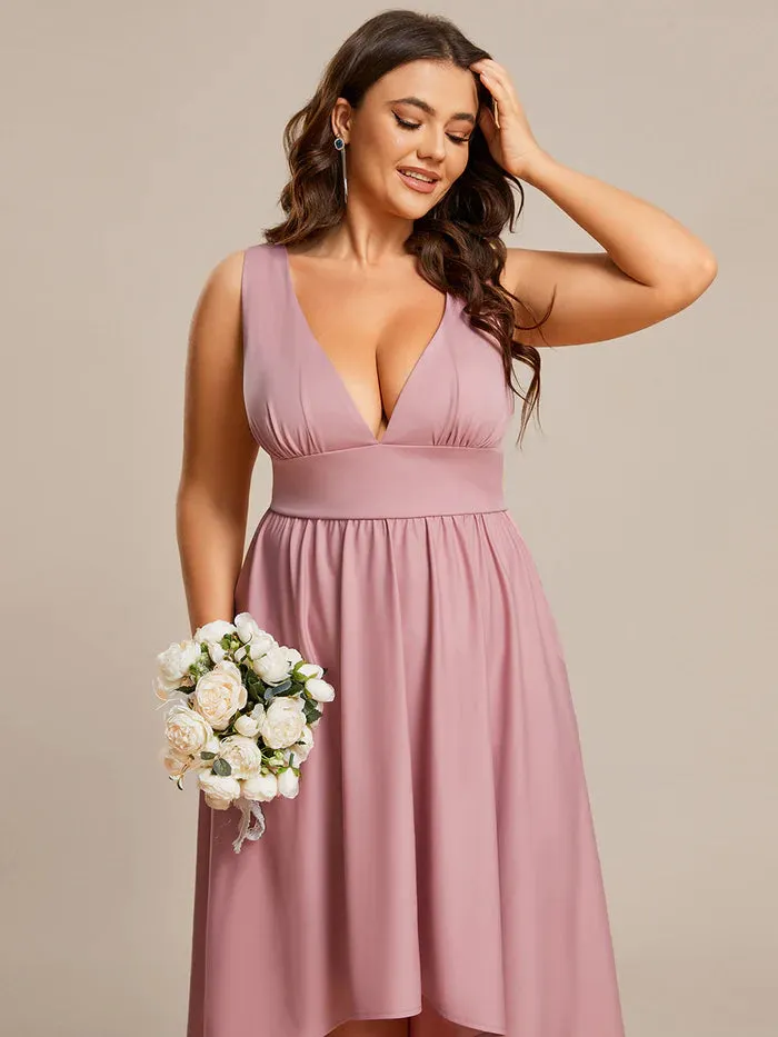 Plus High Low Deep V Neck Sleeveless Plus Size Evening Dress