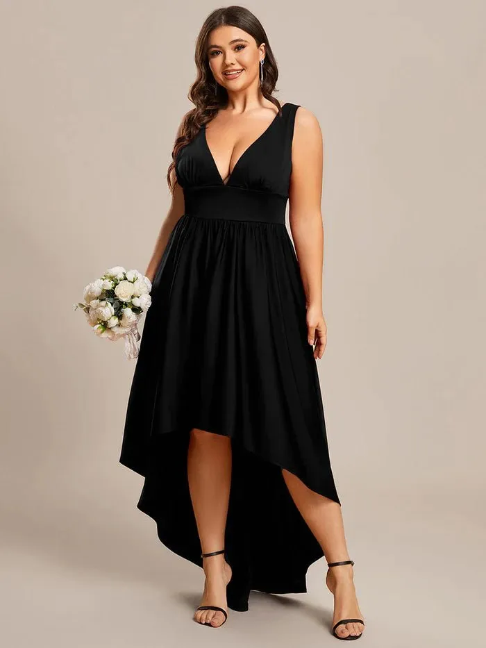 Plus High Low Deep V Neck Sleeveless Plus Size Evening Dress