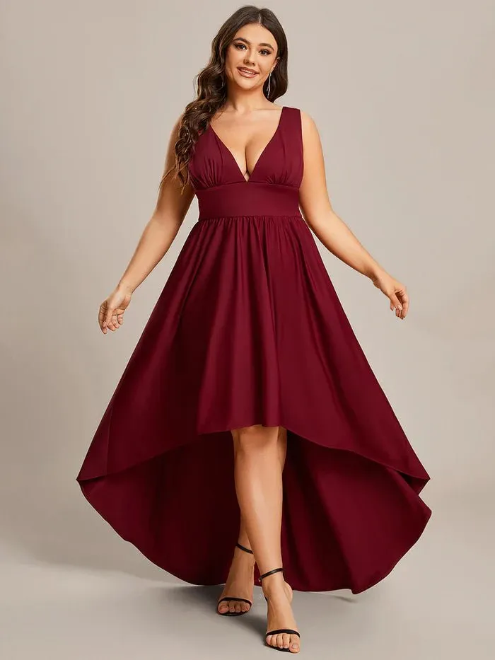 Plus High Low Deep V Neck Sleeveless Plus Size Evening Dress