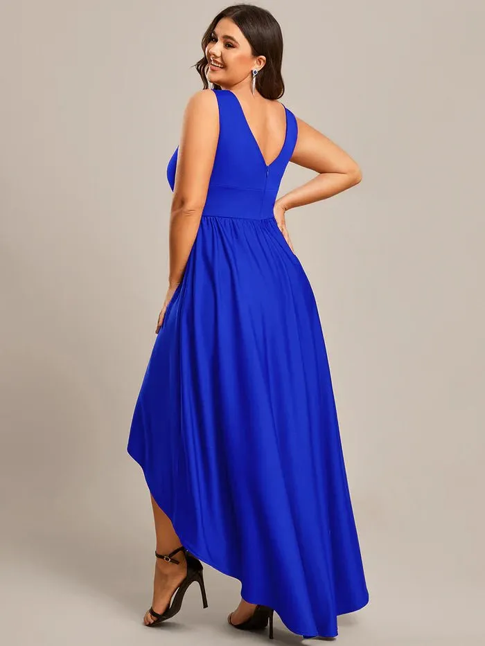 Plus High Low Deep V Neck Sleeveless Plus Size Evening Dress