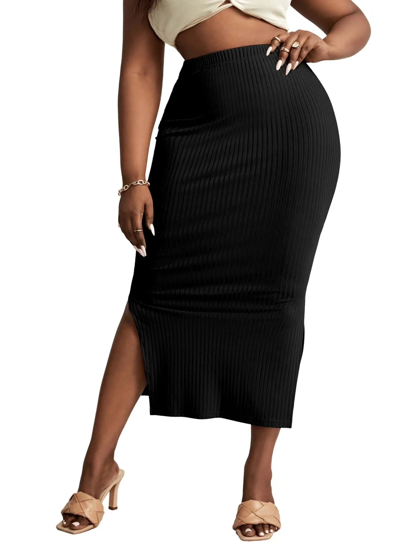 Plus Split Hem Rib knit Pencil Skirt