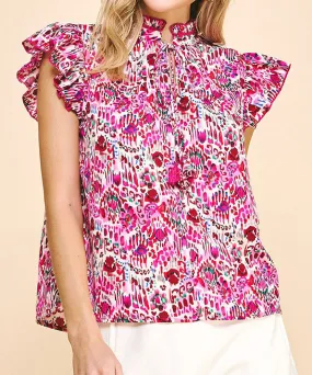 Printed Top with Ruffle Detail - Pink Multi