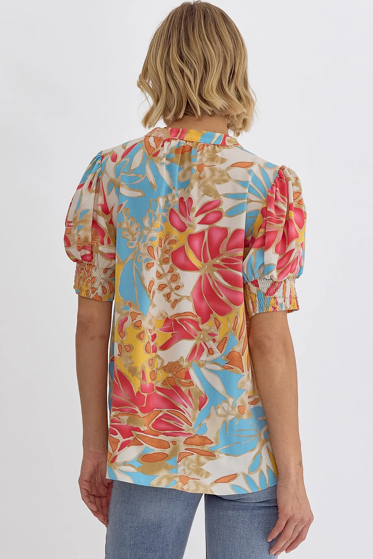 Puff Shoulder Printed V-Neck Short Sleeve Top