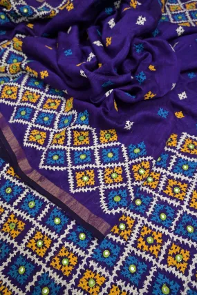 Purple Color Pure Matka Silk Saree with Zari Border and Gujarati Hand Embroidery and Mirror Work