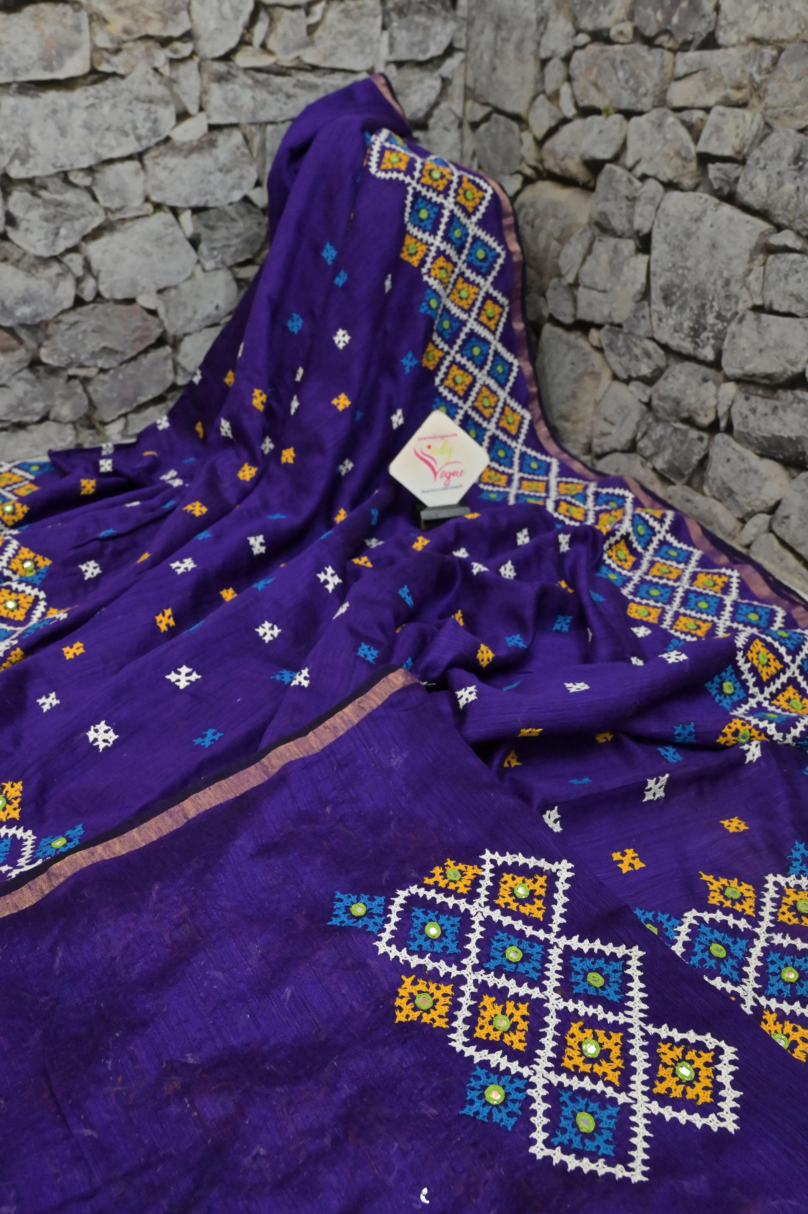 Purple Color Pure Matka Silk Saree with Zari Border and Gujarati Hand Embroidery and Mirror Work