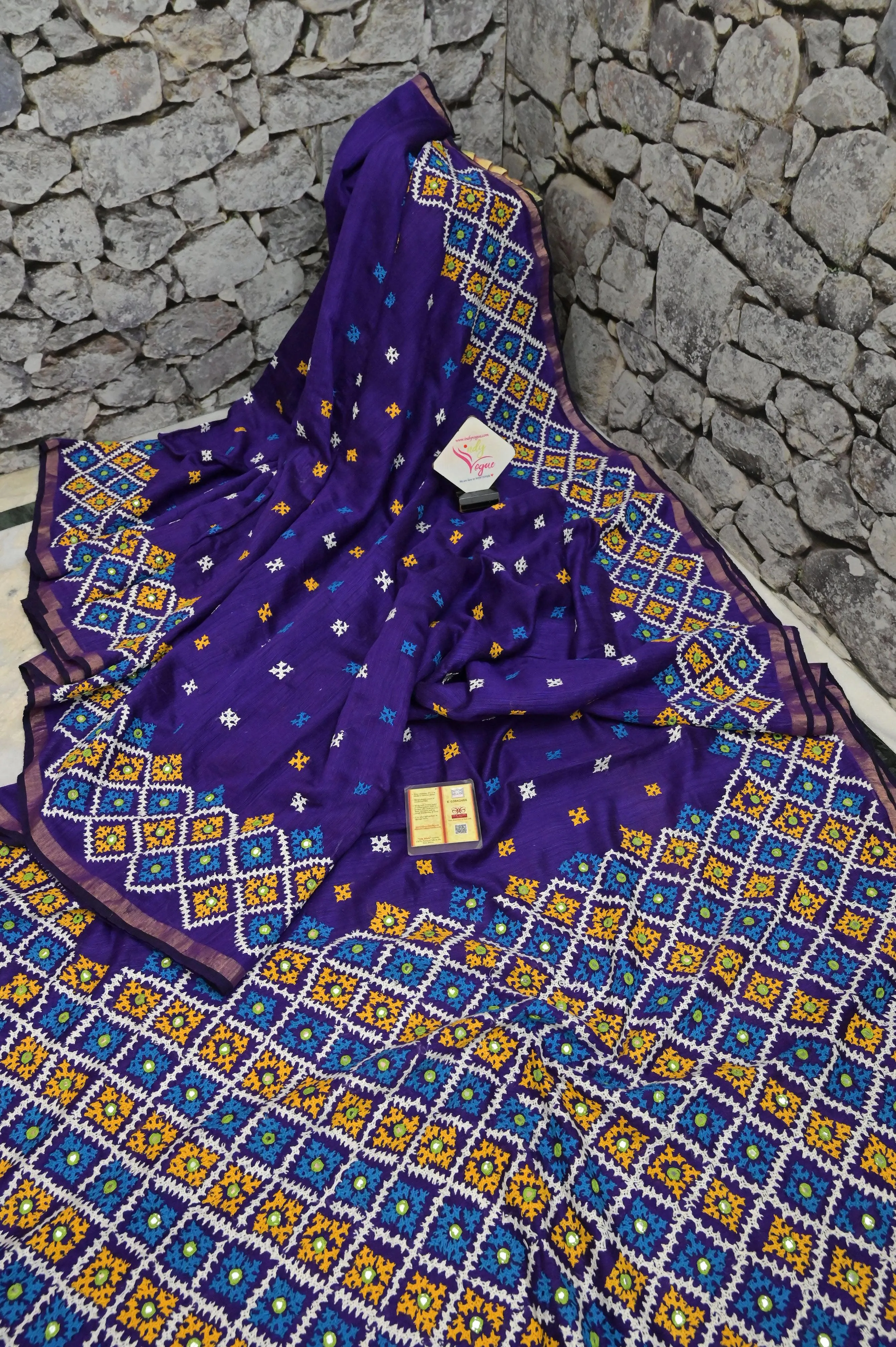 Purple Color Pure Matka Silk Saree with Zari Border and Gujarati Hand Embroidery and Mirror Work