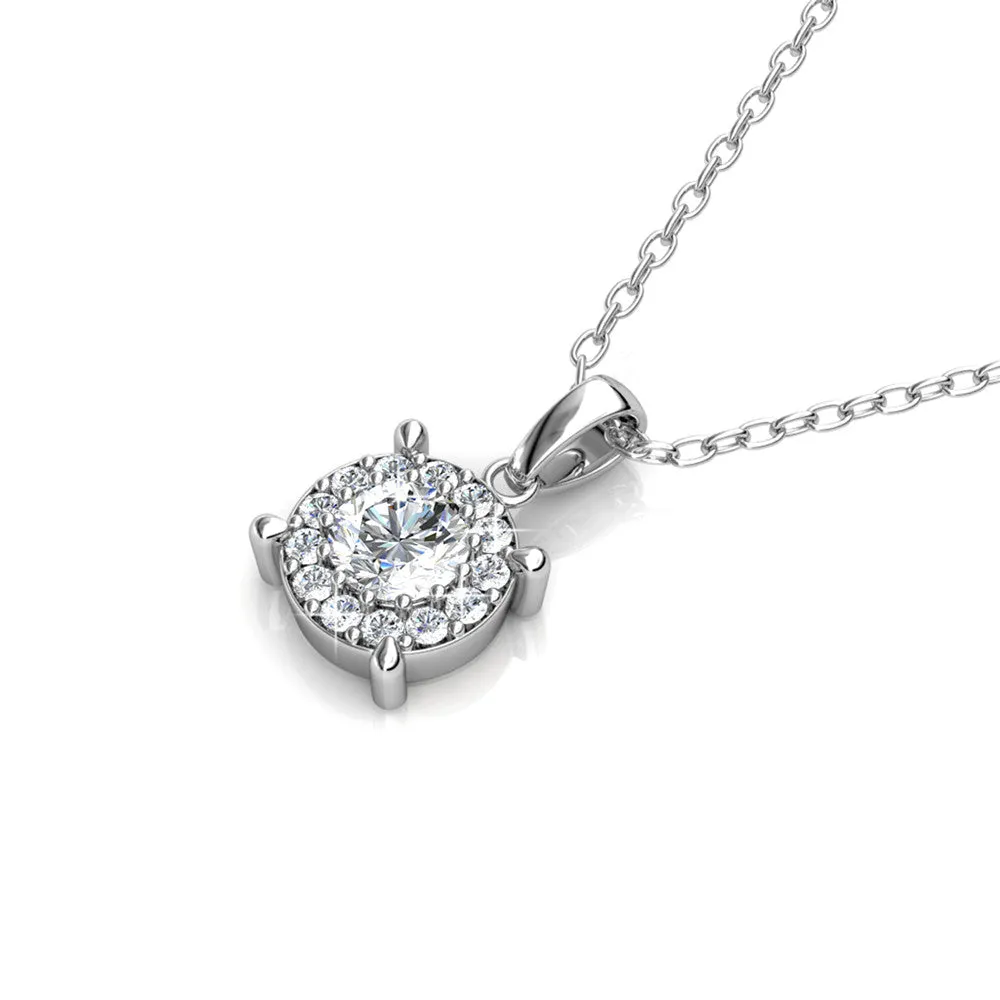 Raylee Brilliant 18k White Gold Plated Halo Pendant Necklace with Swarovski Crystals