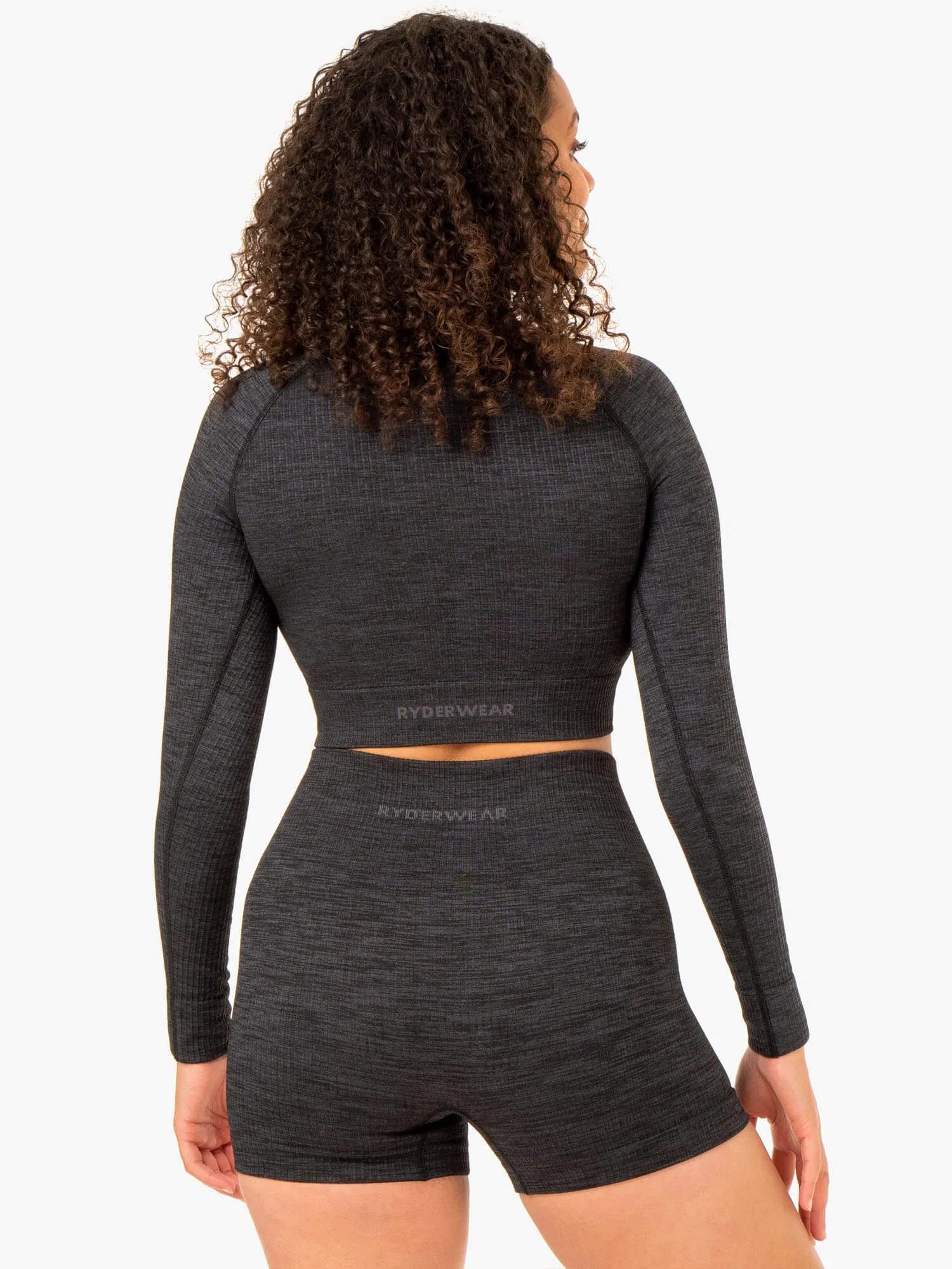 Rib Seamless Long Sleeve Top - Black Marl