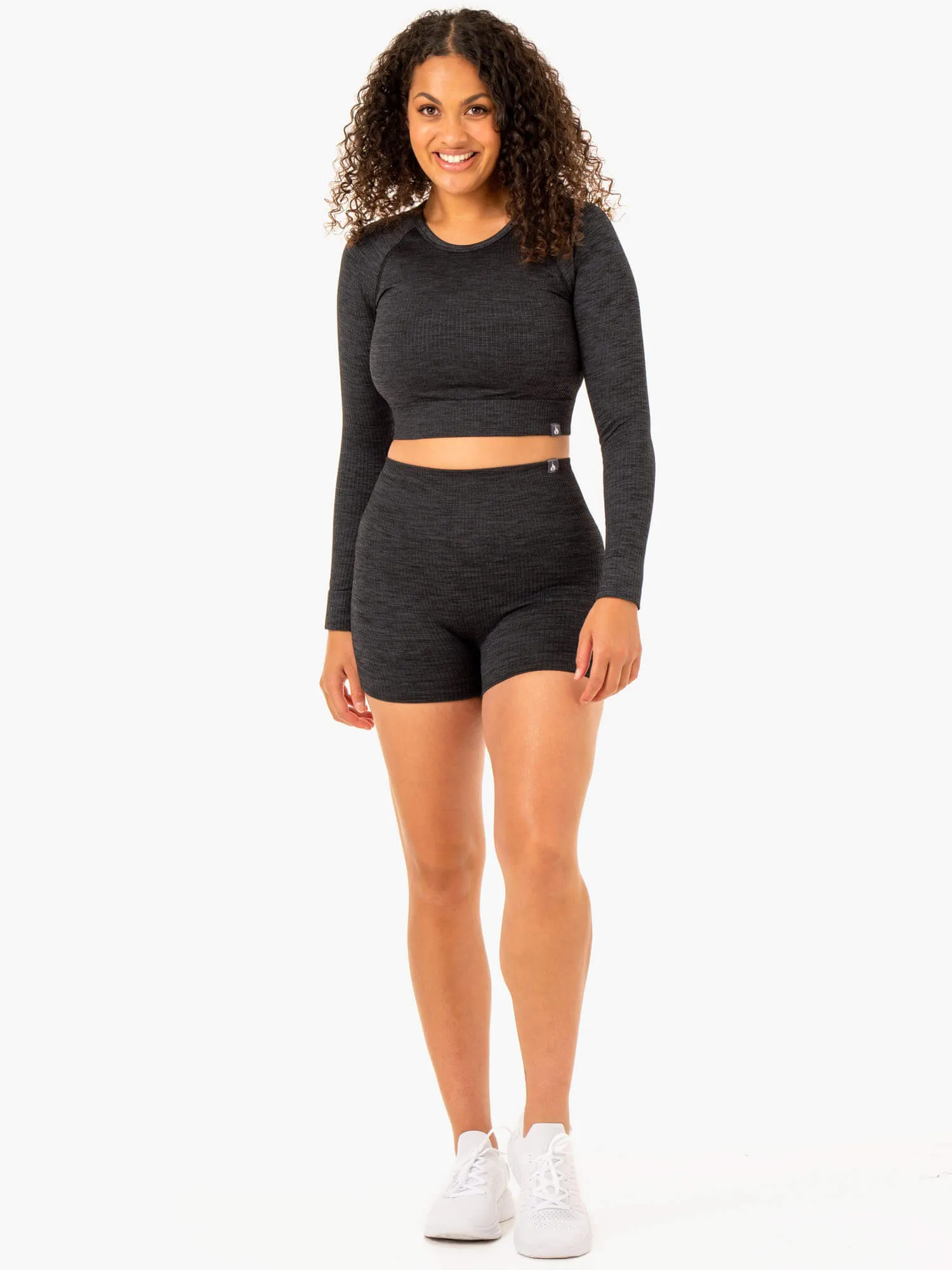 Rib Seamless Long Sleeve Top - Black Marl