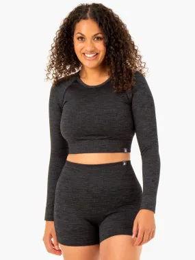 Rib Seamless Long Sleeve Top - Black Marl